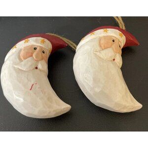 Wood Style Moon Shaped Santa‎ Claus Holiday Christmas Ornaments Stars Set Of 2